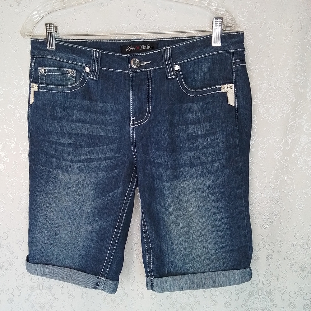 Love Nation denim Bermuda shorts with white leather design size 8